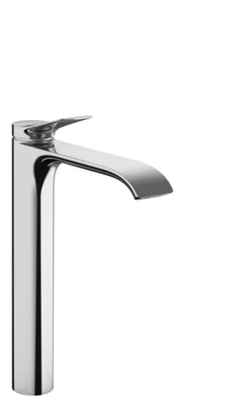 Einhebel-Waschtischmischer aus Chrom von Hansgrohe mit flacher Auslaufarmatur und Zugstangen-Ablaufgarnitur, geeignet für Montage auf Aufsatzwaschtischen.